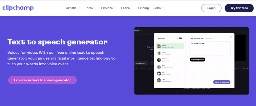 Clipchamp text to speech video maker
