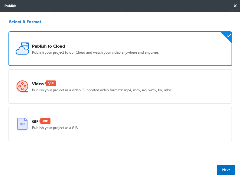 mango animate text to speech video maker - step 4-publish to cloud, as video or gif