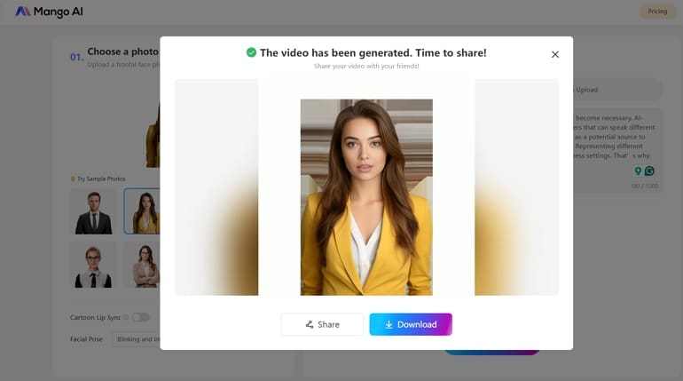 Partagez et téléchargez votre vidéo avec un avatar parlant
