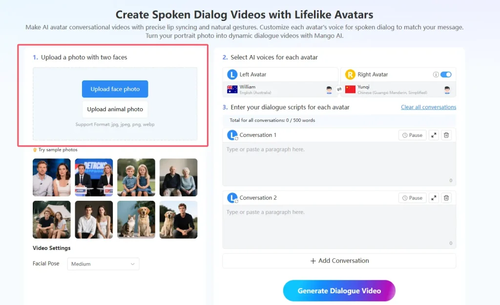 avatar dialogue upload a photo with two faces