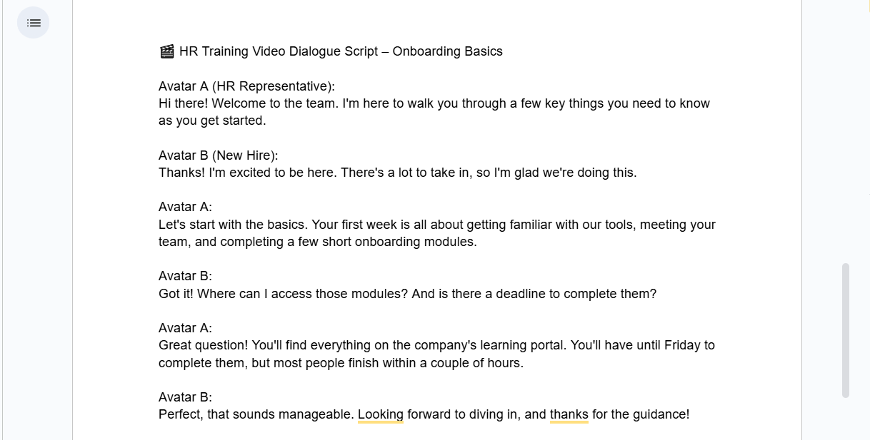 hr training video, avatar dialog
