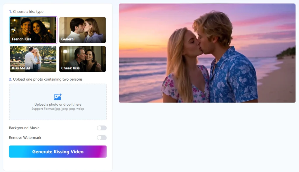 ai kissing video generator free online, french kiss