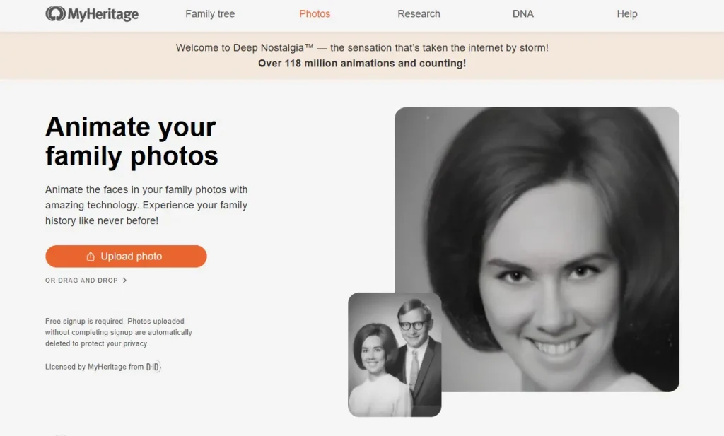माईहेरिटेज डीप नॉस्टेल्जिया फोटो एनीमेशन जनरेटर