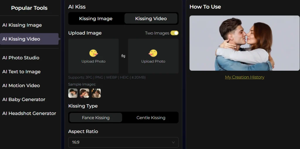 ai kissing video generator free online, french kiss