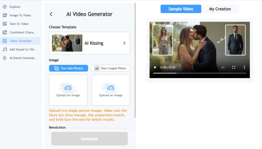 romantic kissing video, french kiss video generator