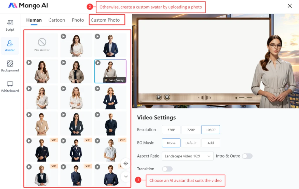 educational video choose an ai avatar