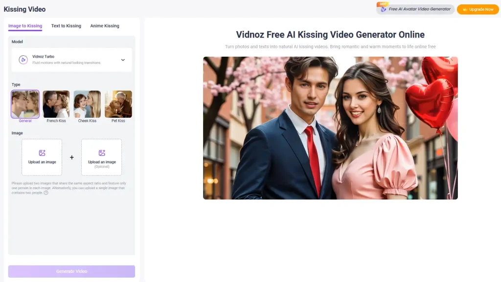 vidnoz ai kissing video creator