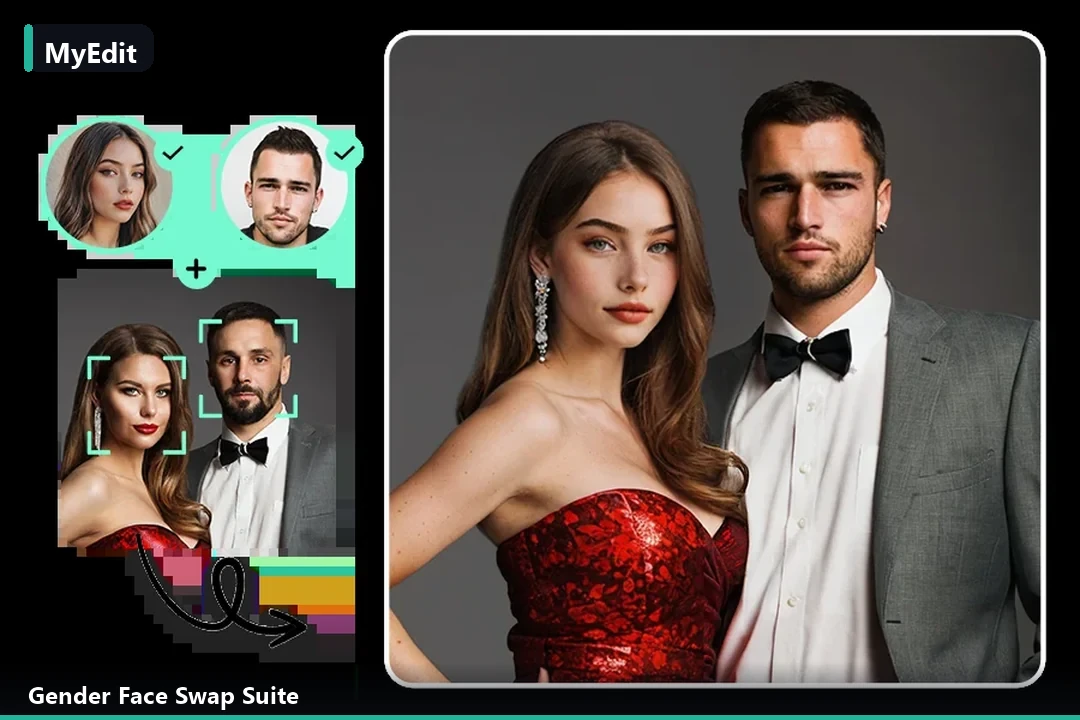 Pokaż przykład zamiany twarzy płci w MyEdit z oficjalnej strony zamiany twarzy AI