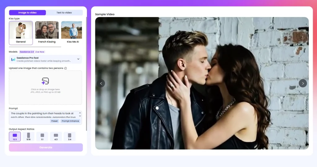 Trình tạo video hôn nhau bằng AI Easemate